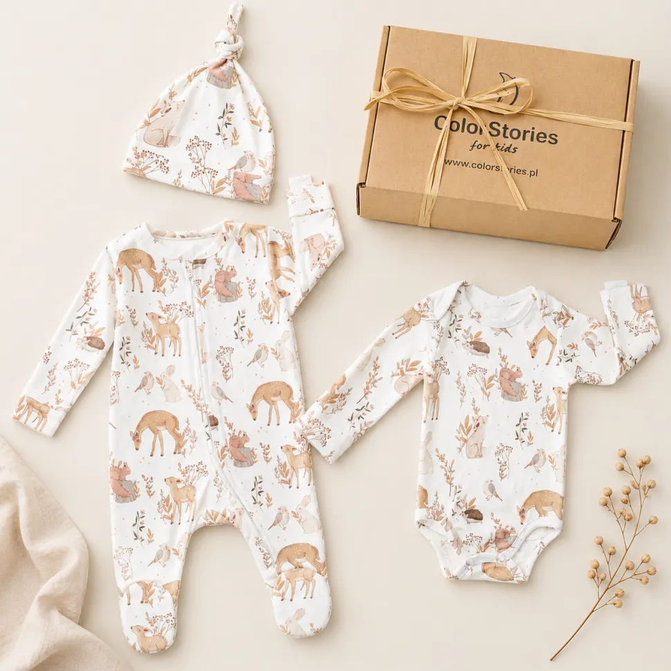 Komplet niemowlęcy 56 cm Forest Friends body + śpioszki + czapeczka